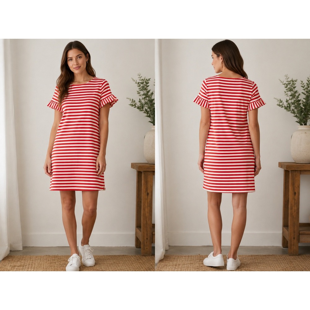 Boden Red White Striped Ruffle Sleeve Cotton Shift T-Shirt Dress US 8R